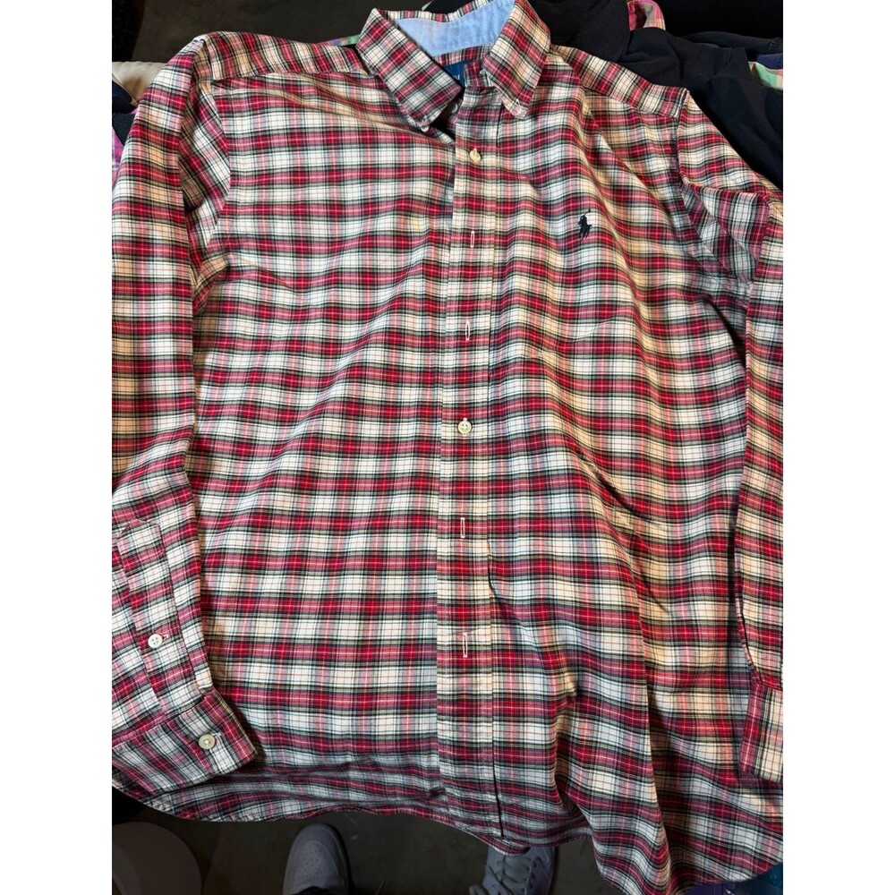 Ralph Lauren Men's M Red Beige White Black Plaid Long Sleeve Button-Down Woven